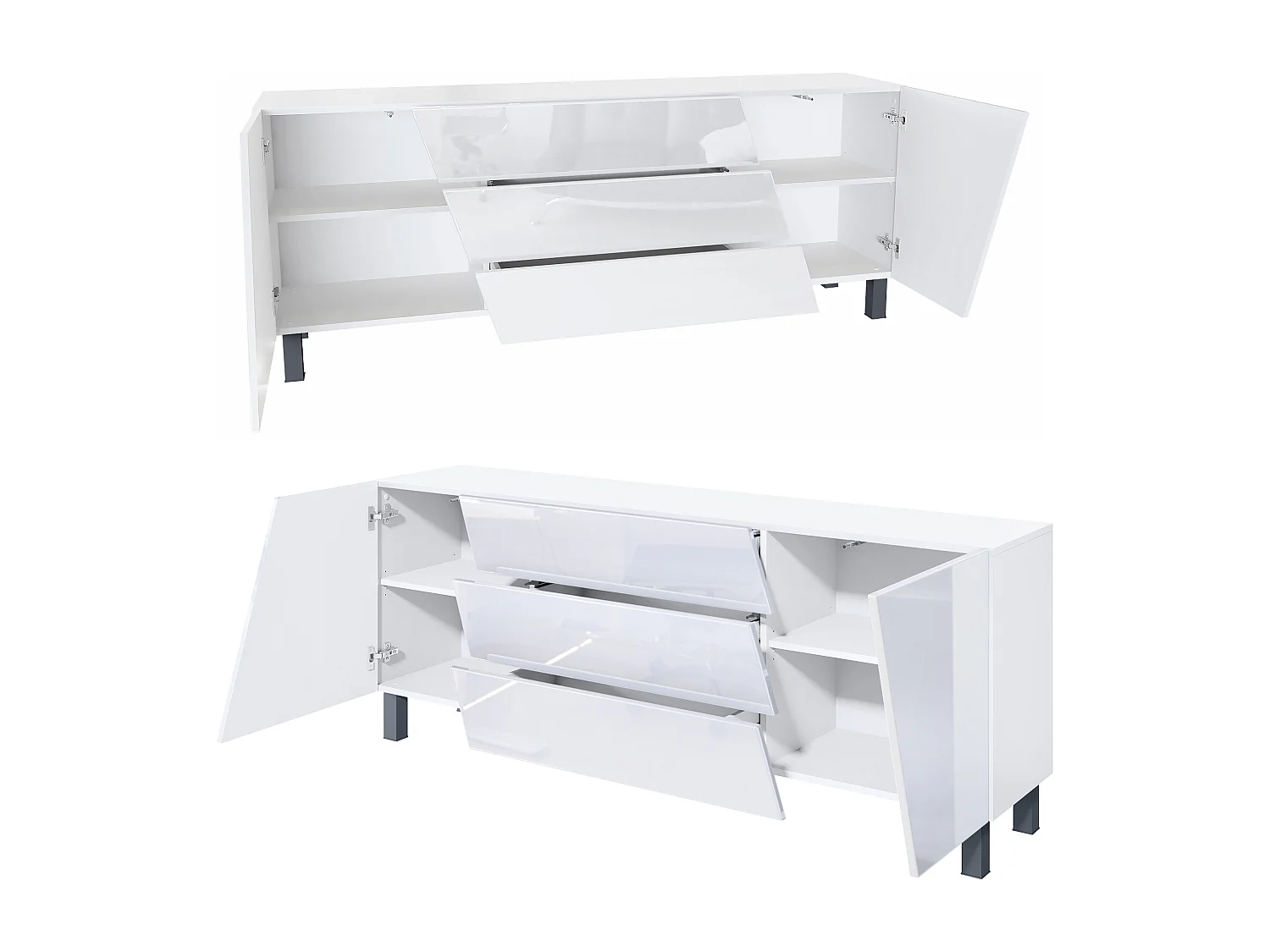 Aparador  Houston, cómoda con 2 puertas y 3 cajones, carcasa blanca mate, frentes blancos de alto brillo (178 x 69,5 x 38,5 cm)