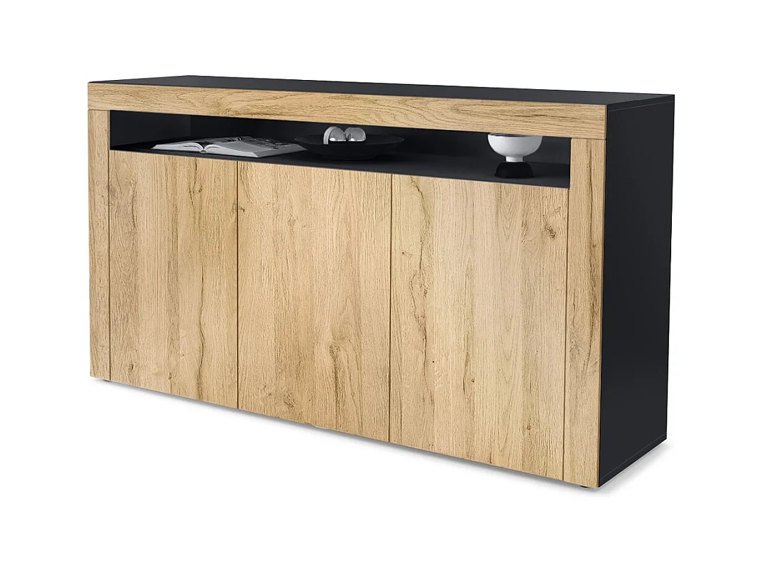 Buffet Valencia, Commode avec 3 portes et 1 compartiment ouvert, Noir mat/chêne nature/chêne nature (155 x 92 x 40 cm)