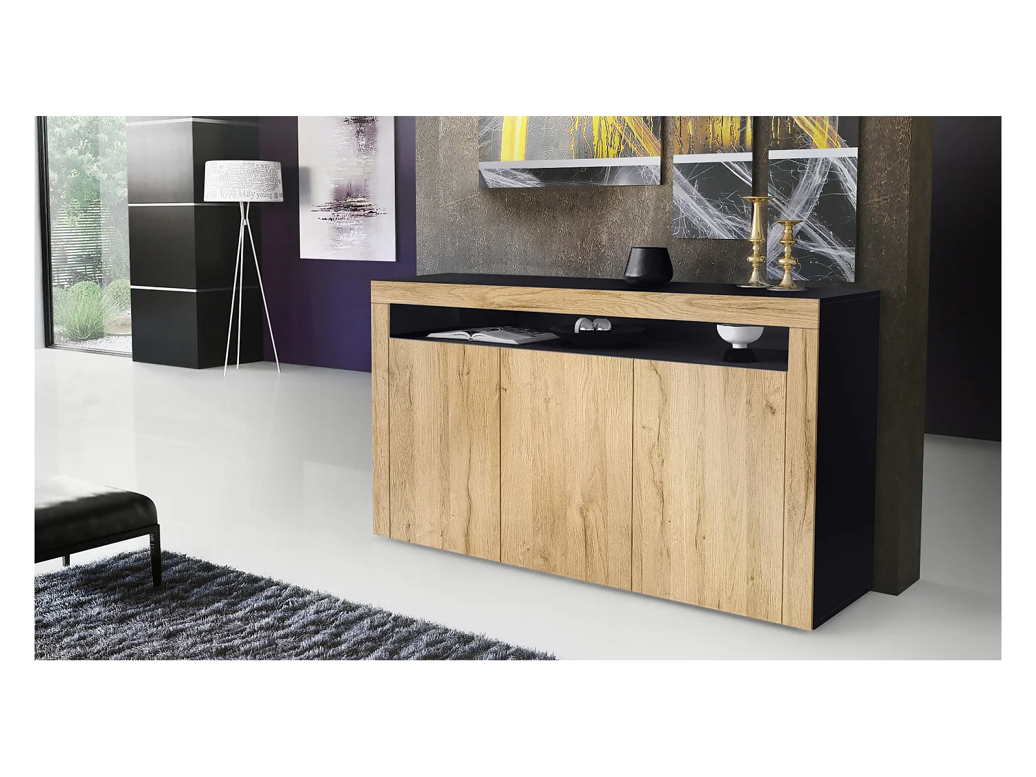 Buffet Valencia, Commode avec 3 portes et 1 compartiment ouvert, Noir mat/chêne nature/chêne nature (155 x 92 x 40 cm)