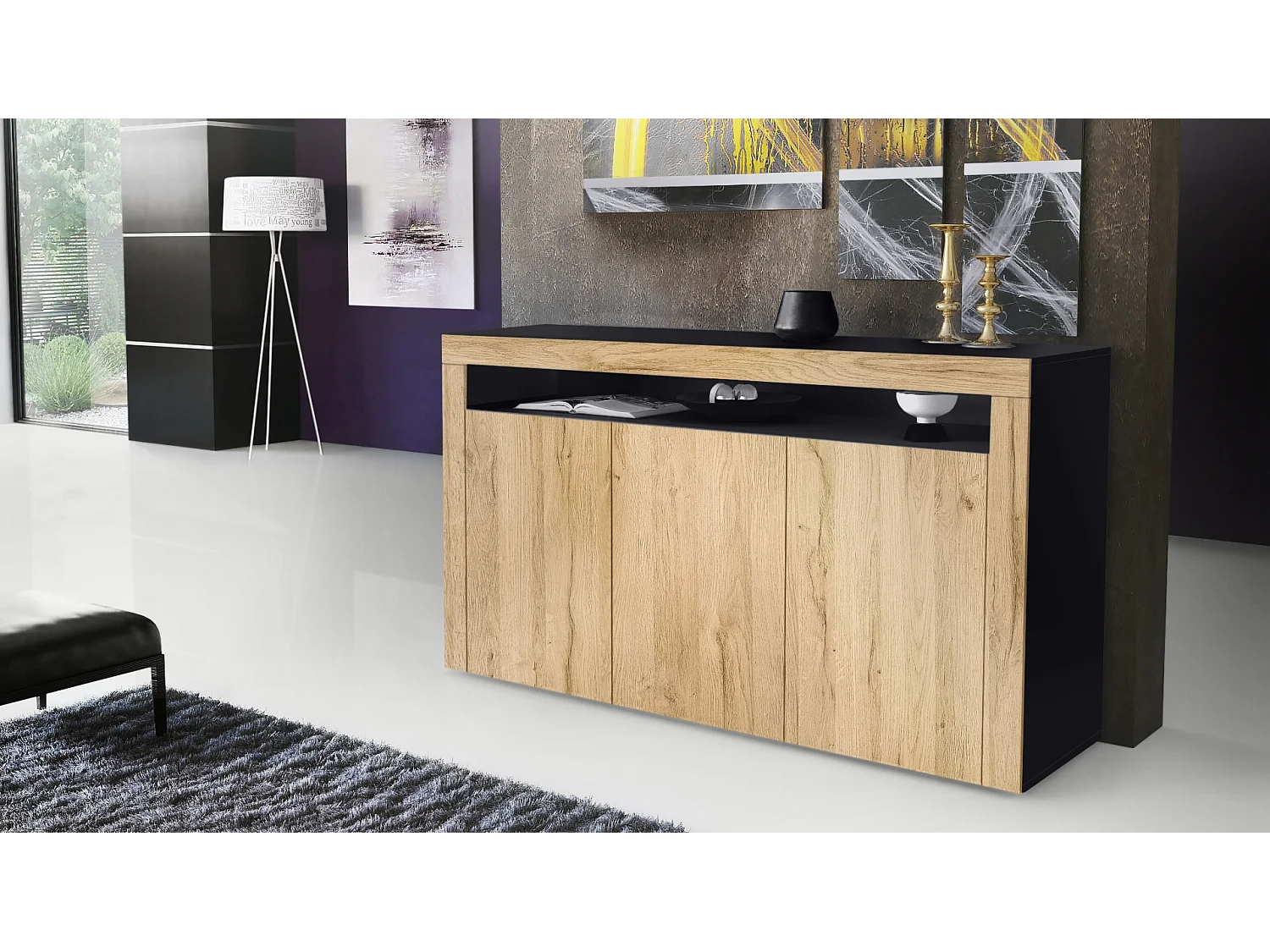 Buffet Valencia, Commode avec 3 portes et 1 compartiment ouvert, Noir mat/chêne nature/chêne nature (155 x 92 x 40 cm)