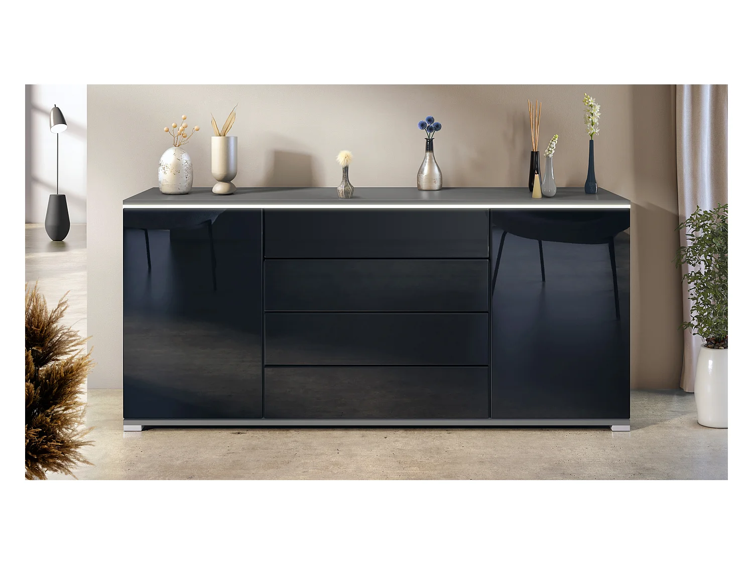 Buffet Faro V2 – Meuble avec 2 Portes & 4 Tiroirs, Armoire avec Bande LED Lumineuse, anthracite mat / noir haute brillance (166,5 x 75,5 x 35)