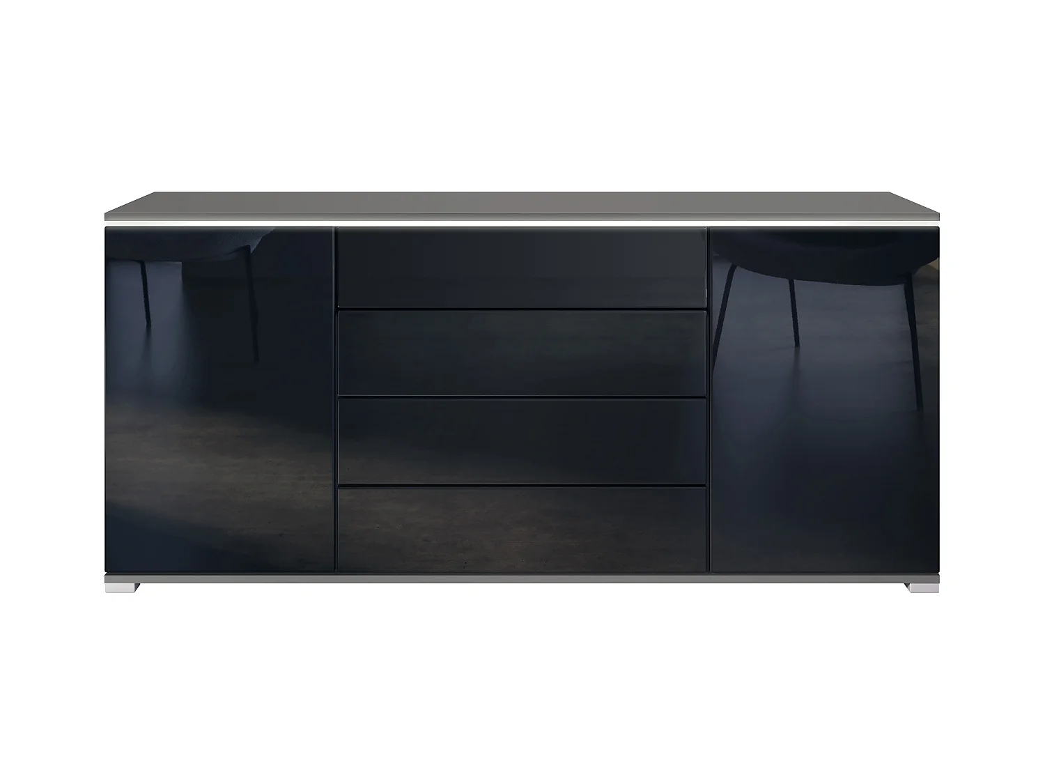 Buffet Faro V2 – Meuble avec 2 Portes & 4 Tiroirs, Armoire avec Bande LED Lumineuse, anthracite mat / noir haute brillance (166,5 x 75,5 x 35)