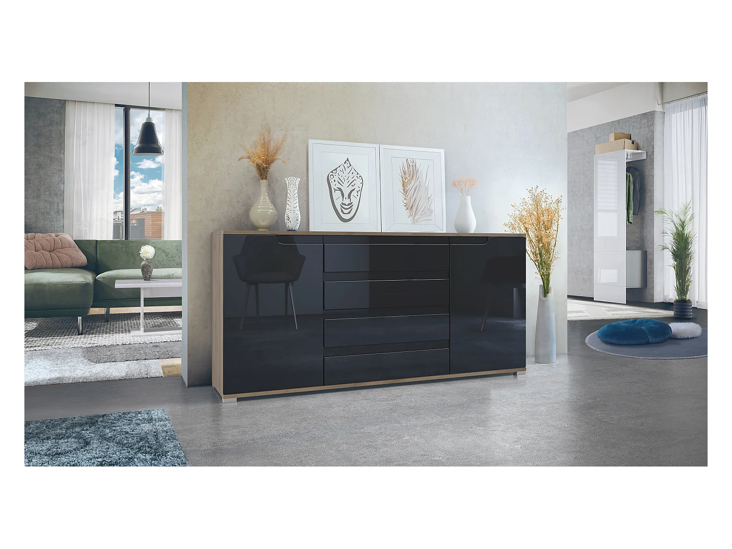 Buffet Sylt V2, Commode avec 2 Portes et 4 Tiroirs, Corps - Chêne Evoke / Façade - noir haute brillance / Détails - noir haute brillance (166,5 x 75,5 x 35 cm)