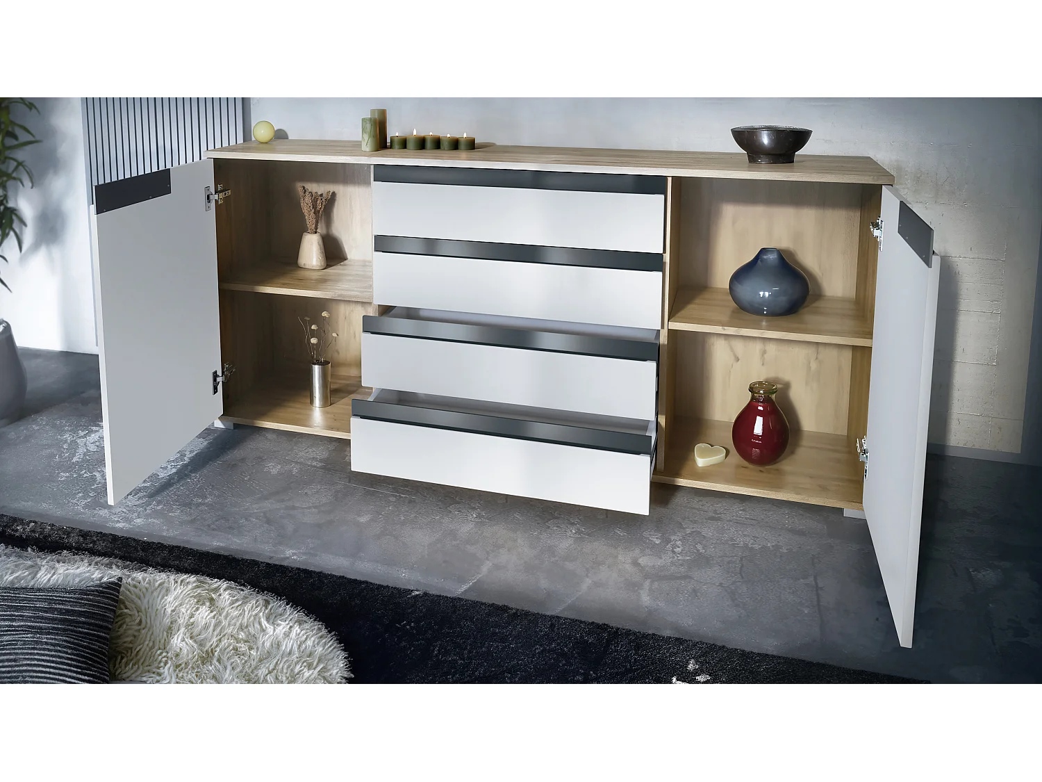 Buffet Sylt V2, Commode avec 2 Portes et 4 Tiroirs, Corps - Chêne Evoke / Façade - noir haute brillance / Détails - noir haute brillance (166,5 x 75,5 x 35 cm)