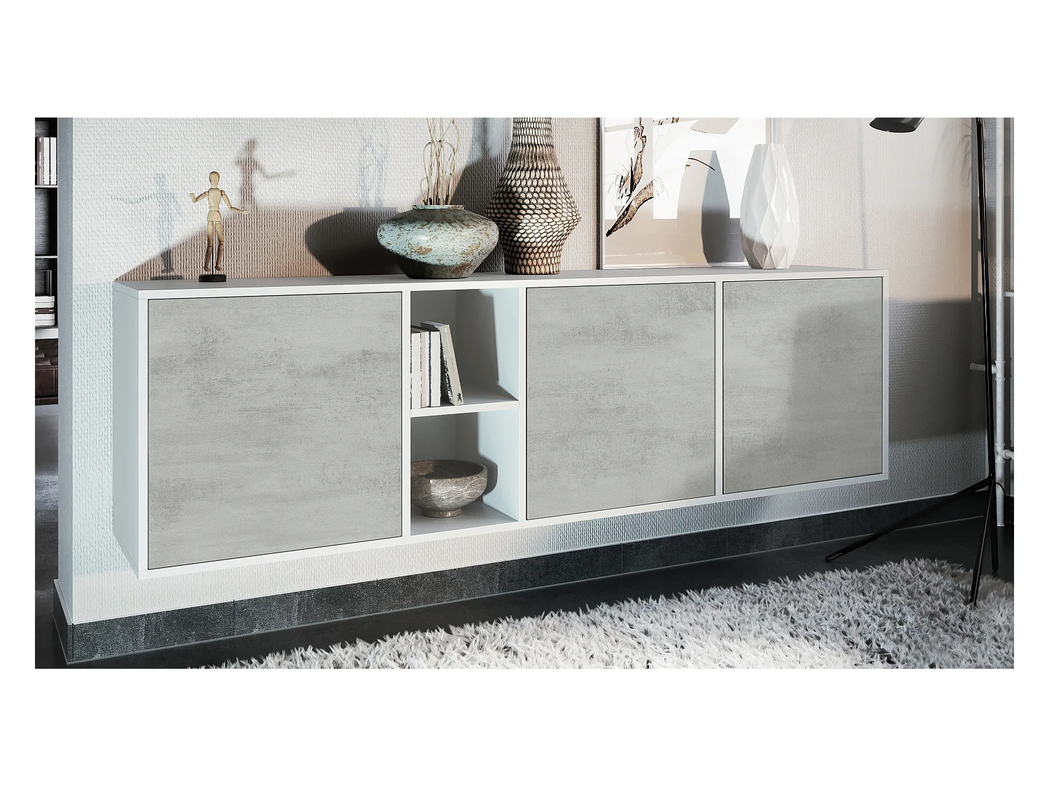 Commode Cuba - blanc mat/aspect béton oxyde - Buffet moderne pour votre salon - (LxHxP) 182x53x35 cm