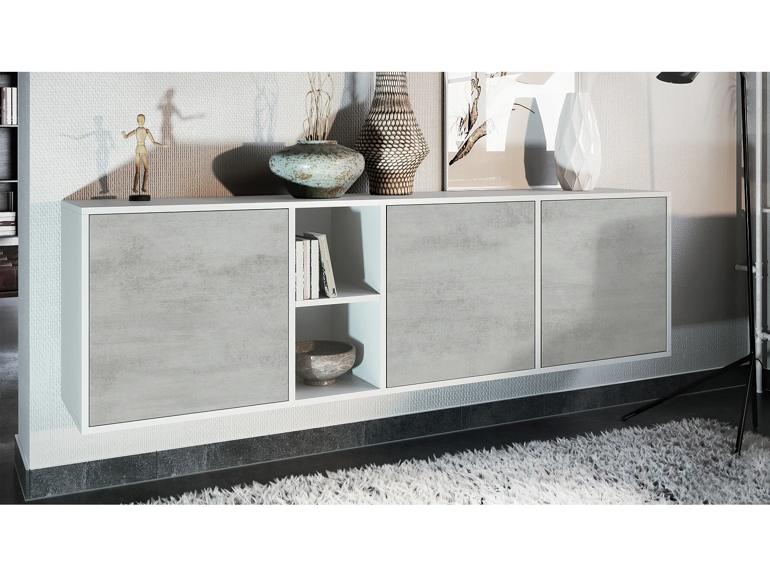 Vladon Cassettiera Cuba - bianco opaco/ottica cermento ossido - Credenza moderna per la zona giorno - (LxAxP) 182x53x35 cm