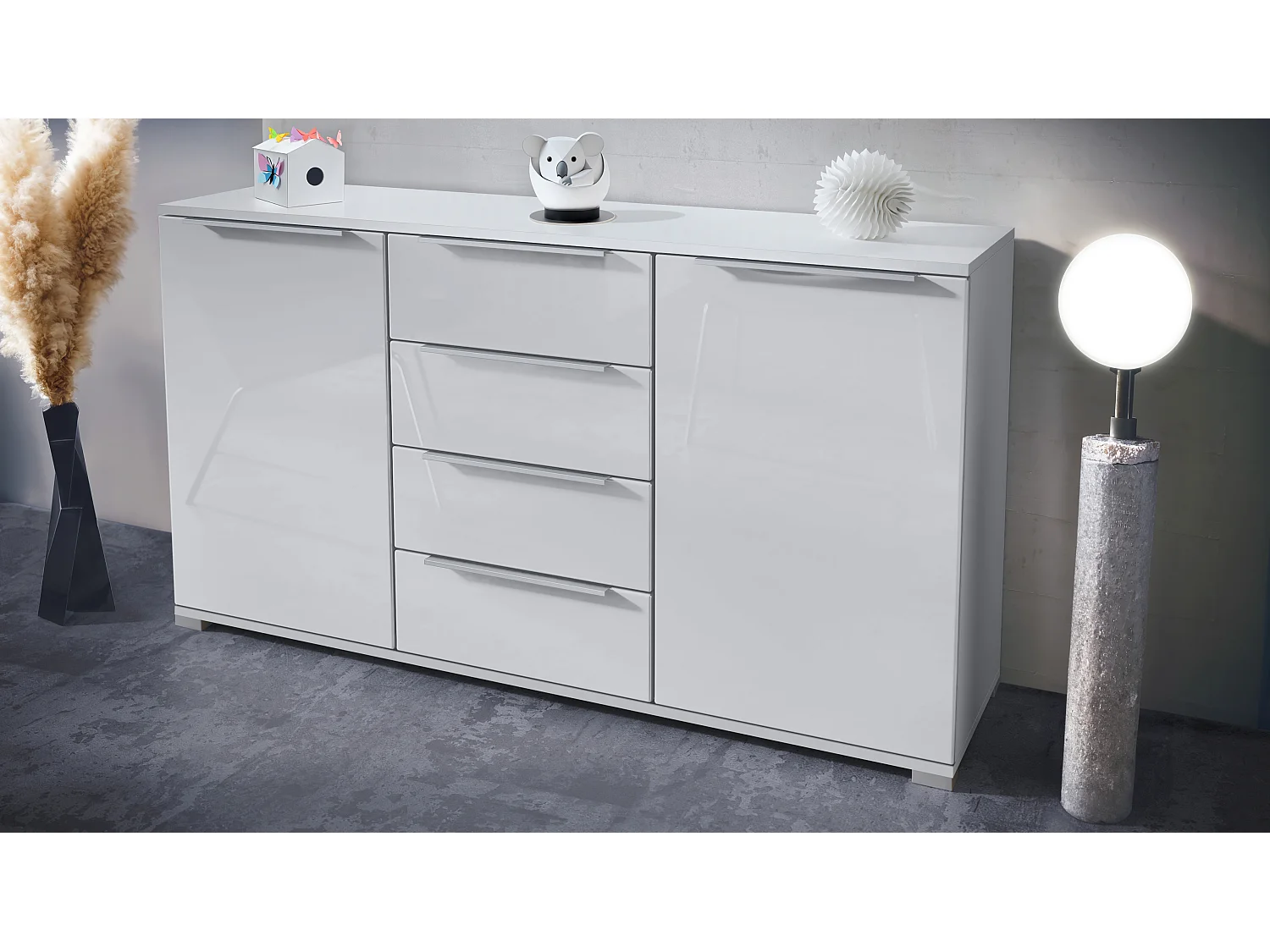 Credenza Linio V1, Madia con 2 ante e 4 cassetti, bianco opaco / bianco lucido (138,5 x 75,5 x 35 cm)