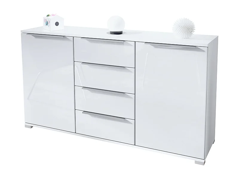 Credenza Linio V1, Madia con 2 ante e 4 cassetti, bianco opaco / bianco lucido (138,5 x 75,5 x 35 cm)