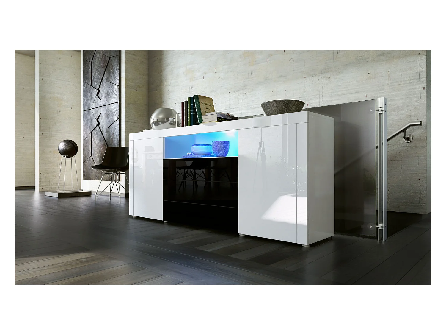 SIDEBOARD Santiago Weiß Hochglanz / Schwarz Hochglanz