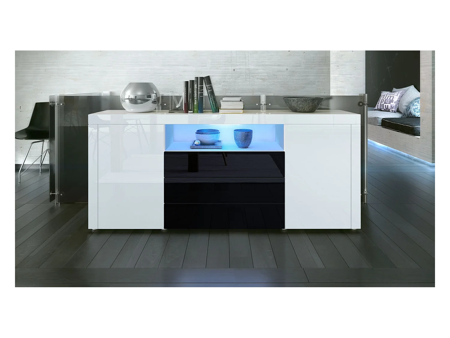 SIDEBOARD Santiago Weiß Hochglanz / Schwarz Hochglanz