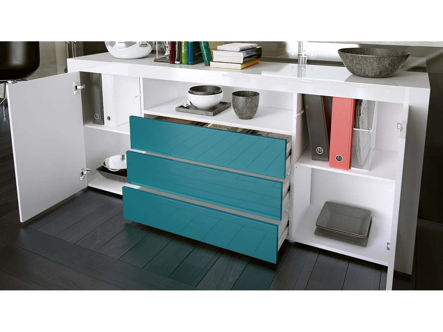 SIDEBOARD Santiago Weiß Hochglanz / Schwarz Hochglanz