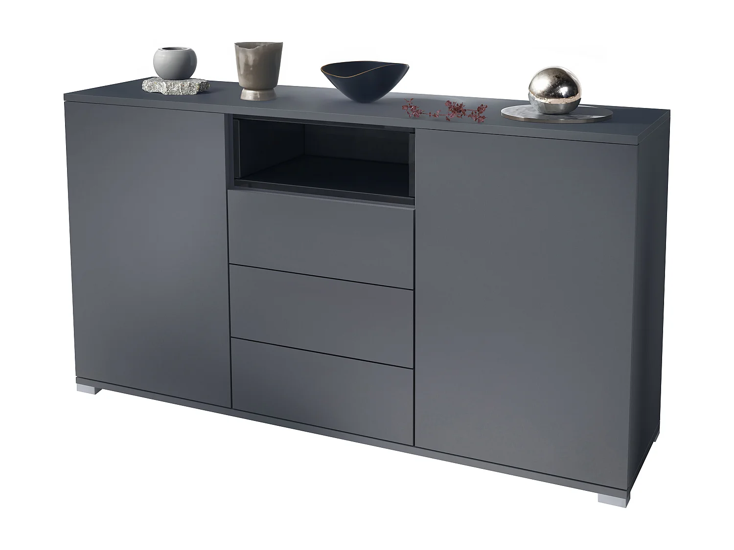 Skadu V2 Buffet, Commode avec 2 portes, 3 tiroirs et 1 compartiment ouvert, anthracite mat/noir haute brillance (138,5 x 75,5 x 35 cm)