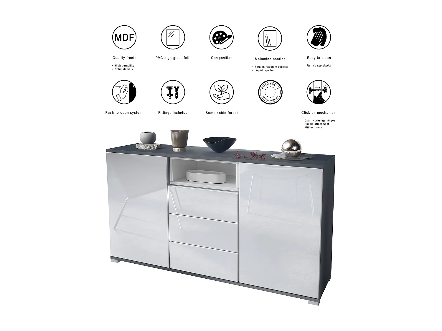 Skadu V2 Buffet, Commode avec 2 portes, 3 tiroirs et 1 compartiment ouvert, anthracite mat/noir haute brillance (138,5 x 75,5 x 35 cm)