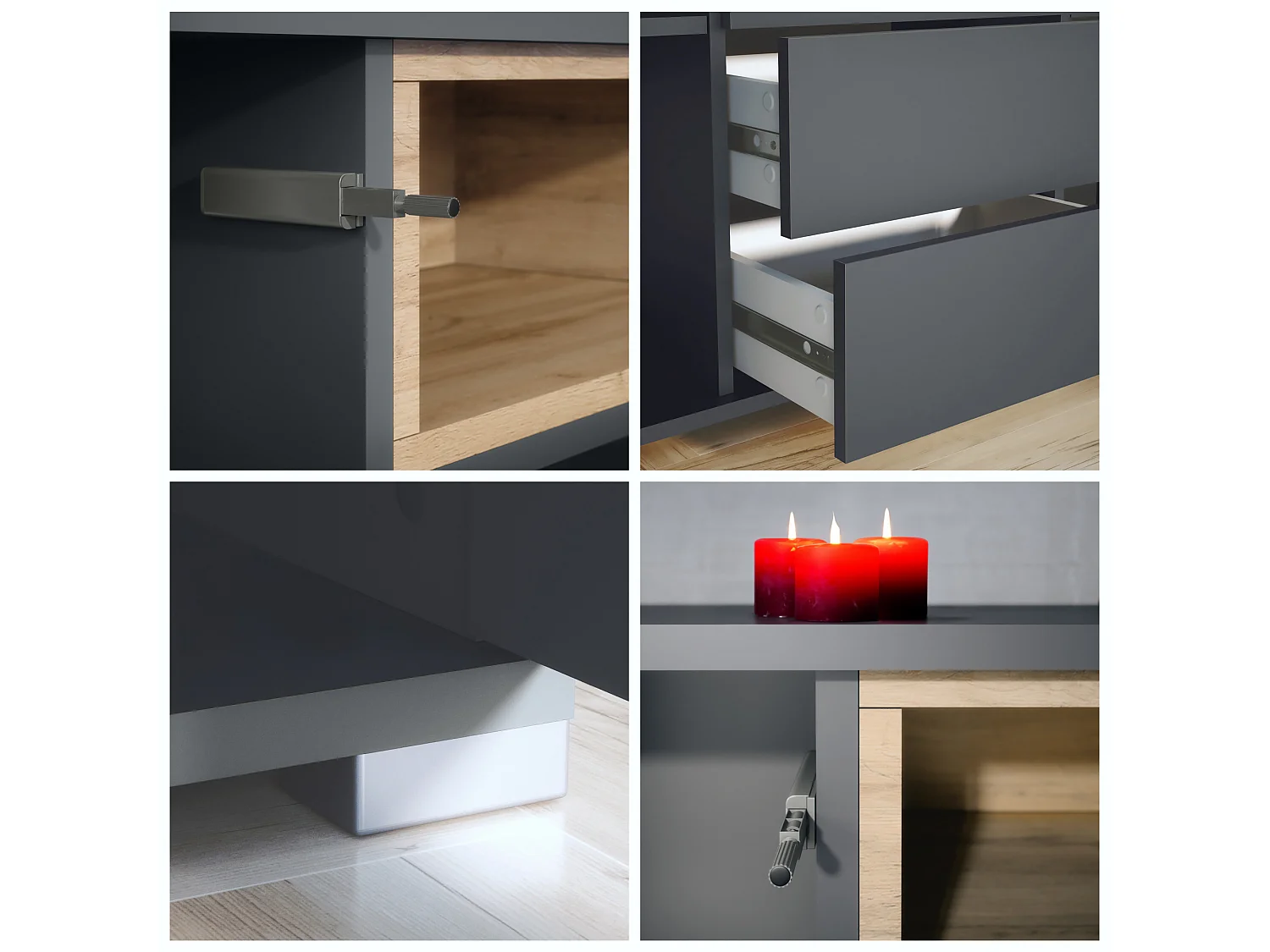 Skadu V2 Buffet, Commode avec 2 portes, 3 tiroirs et 1 compartiment ouvert, anthracite mat/noir haute brillance (138,5 x 75,5 x 35 cm)