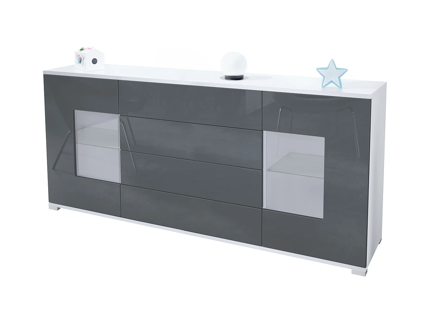 Buffet Grömitz V2 – Meuble avec 2 Grandes Portes et 4 Tiroirs, blanc mat/gris haute brillance (166,5 x 75,5 x 35)