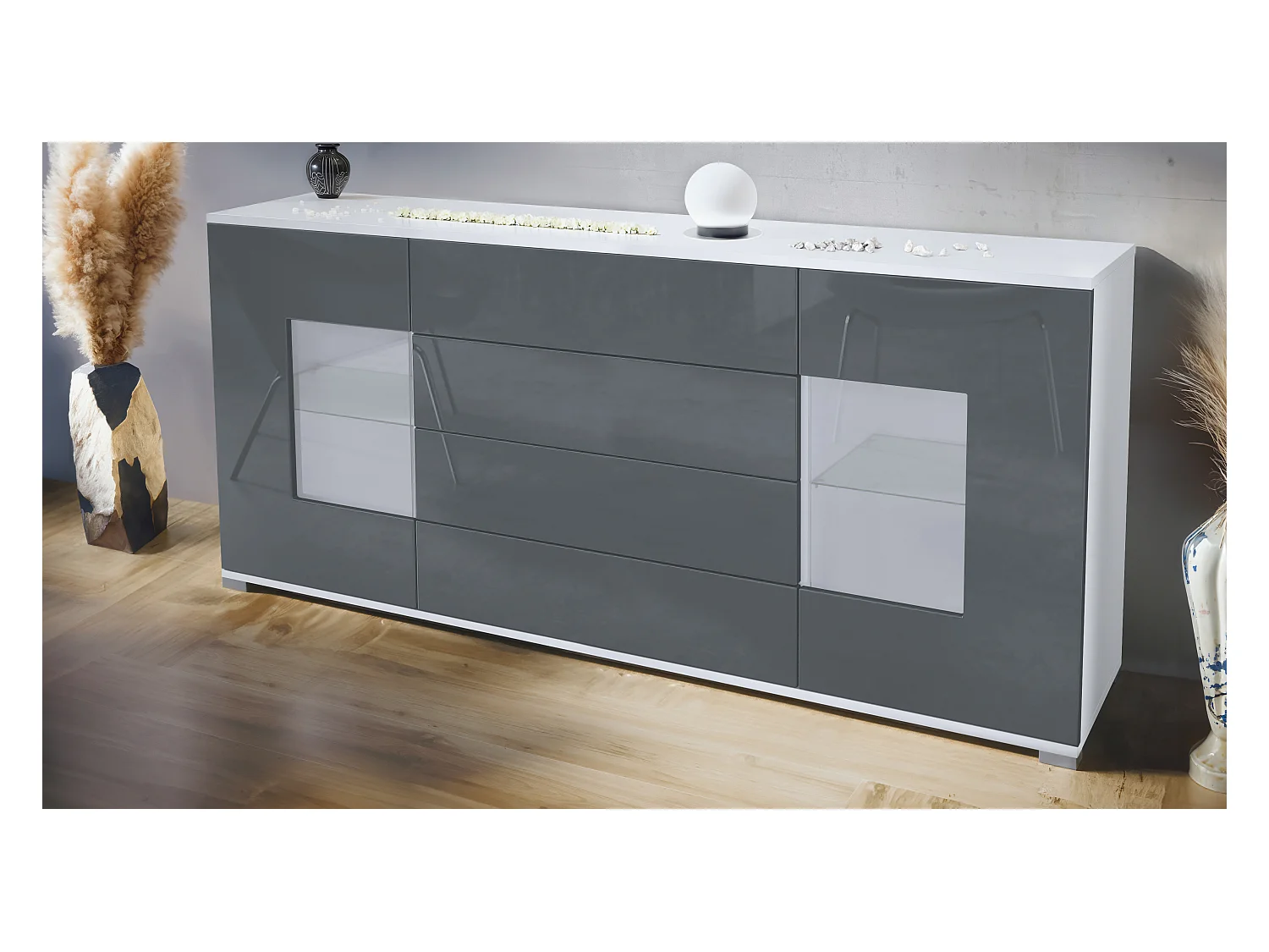 Buffet Grömitz V2 – Meuble avec 2 Grandes Portes et 4 Tiroirs, blanc mat/gris haute brillance (166,5 x 75,5 x 35)