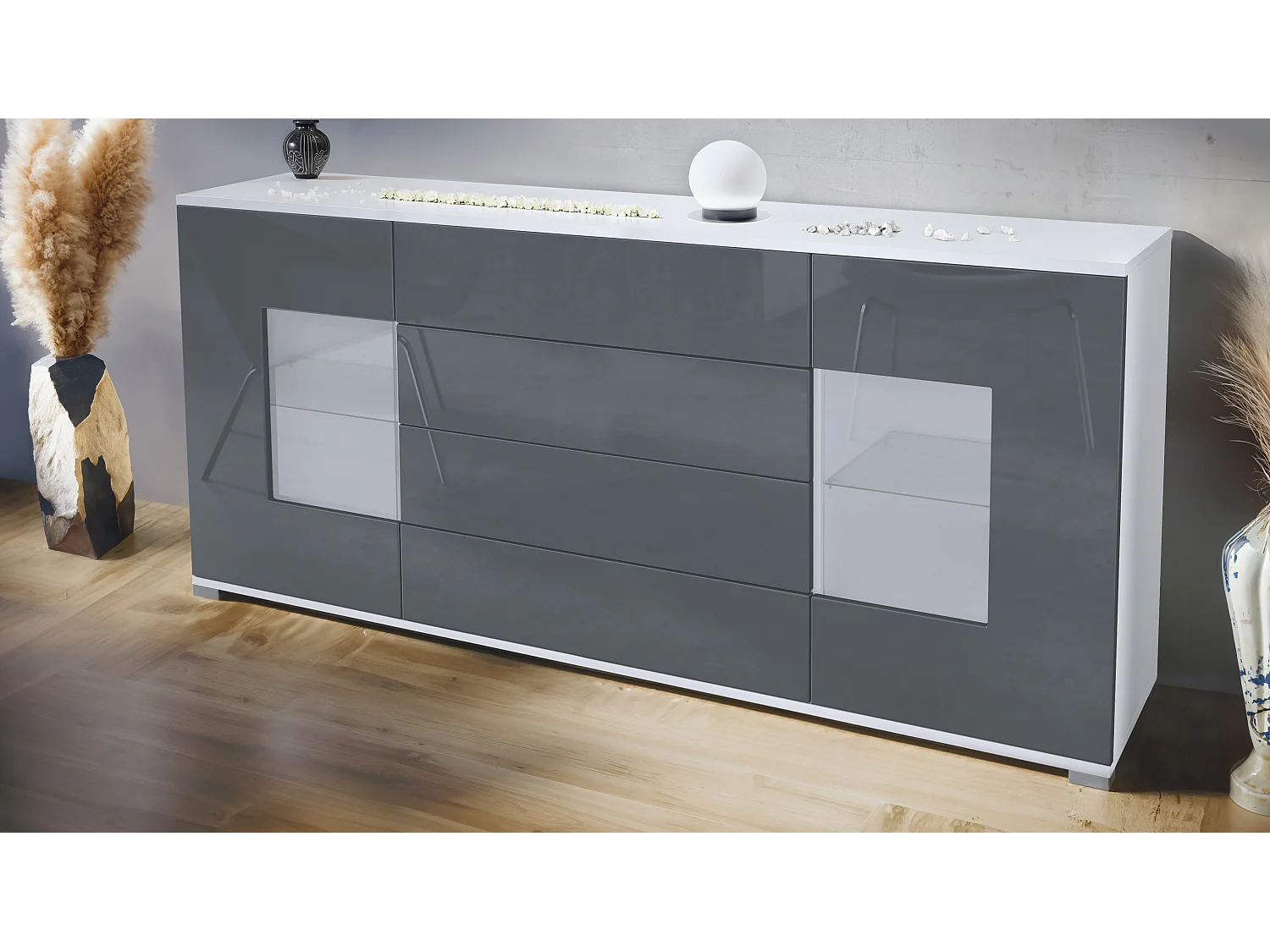 Buffet Grömitz V2 – Meuble avec 2 Grandes Portes et 4 Tiroirs, blanc mat/gris haute brillance (166,5 x 75,5 x 35)