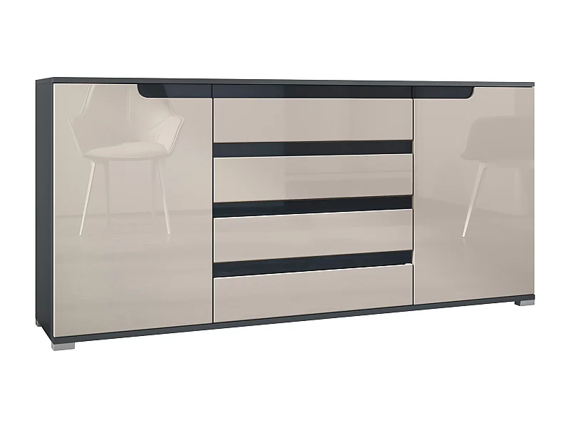 Credenza Sylt V2, Comò con 2 Ante e 4 Cassetti, Struttura - antracite opaco  / Frontale - grigio sabbia lucido / Dettagli - nero lucido (166,5 x 75,5 x 35 cm)