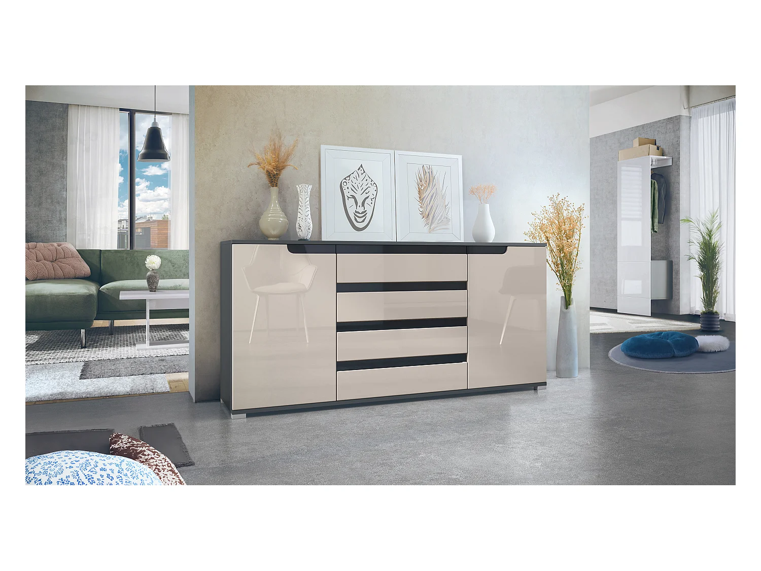 Credenza Sylt V2, Comò con 2 Ante e 4 Cassetti, Struttura - antracite opaco  / Frontale - grigio sabbia lucido / Dettagli - nero lucido (166,5 x 75,5 x 35 cm)