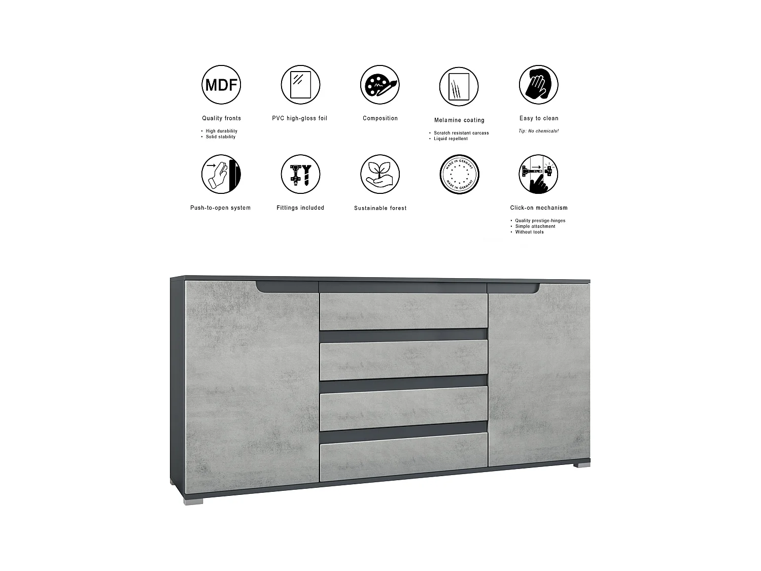 Credenza Sylt V2, Comò con 2 Ante e 4 Cassetti, Struttura - antracite opaco  / Frontale - grigio sabbia lucido / Dettagli - nero lucido (166,5 x 75,5 x 35 cm)