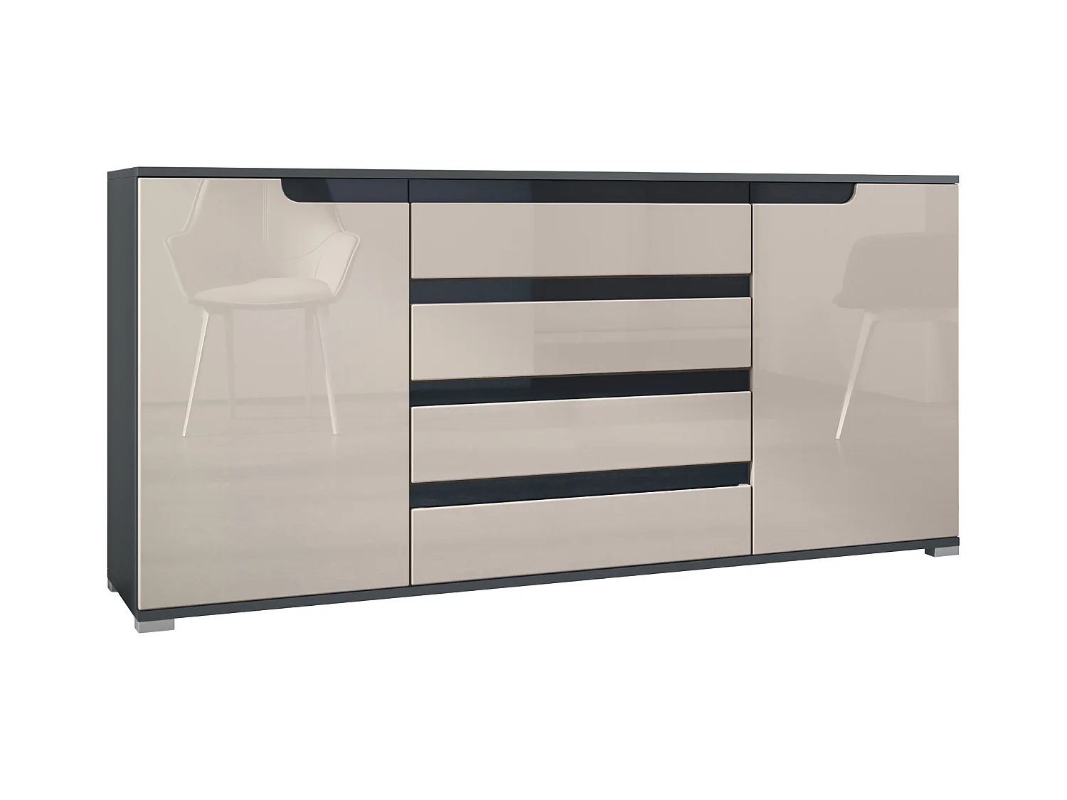 Buffet Sylt V2, Commode avec 2 Portes et 4 Tiroirs, Corps - anthracite mat / Façade - gris sable brillant / Détails - noir brillant (166,5 x 75,5 x 35 cm)