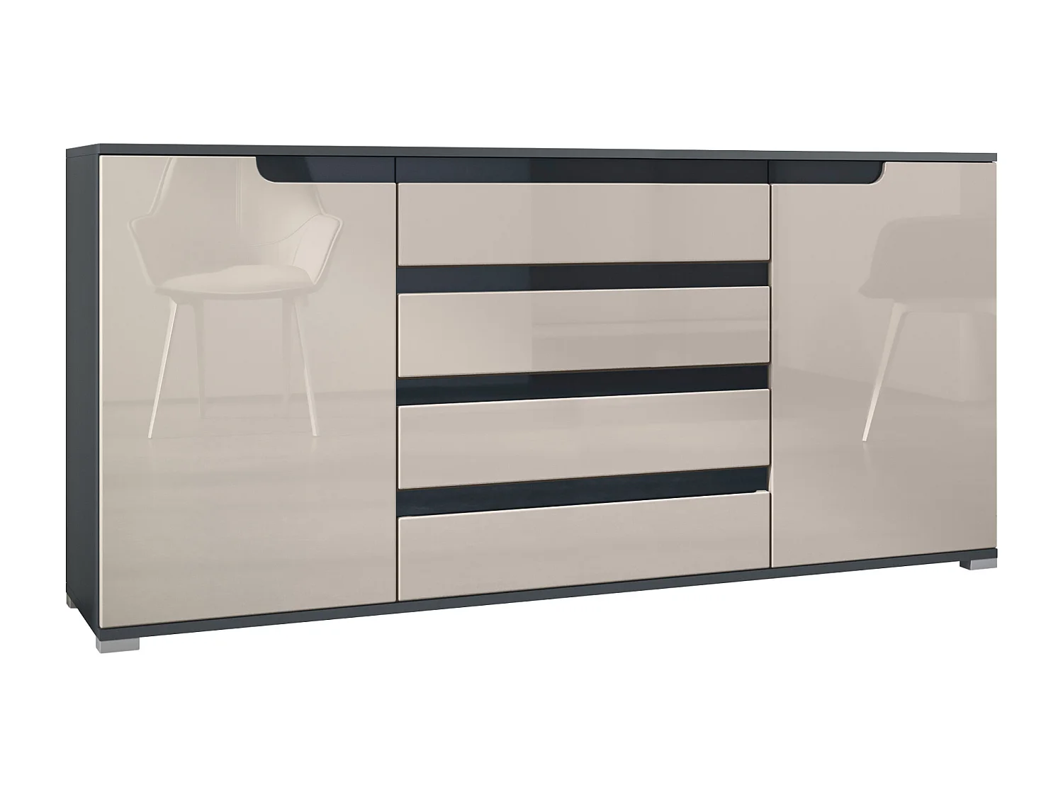 Credenza Sylt V2, Comò con 2 Ante e 4 Cassetti, Struttura - antracite opaco  / Frontale - grigio sabbia lucido / Dettagli - nero lucido (166,5 x 75,5 x 35 cm)