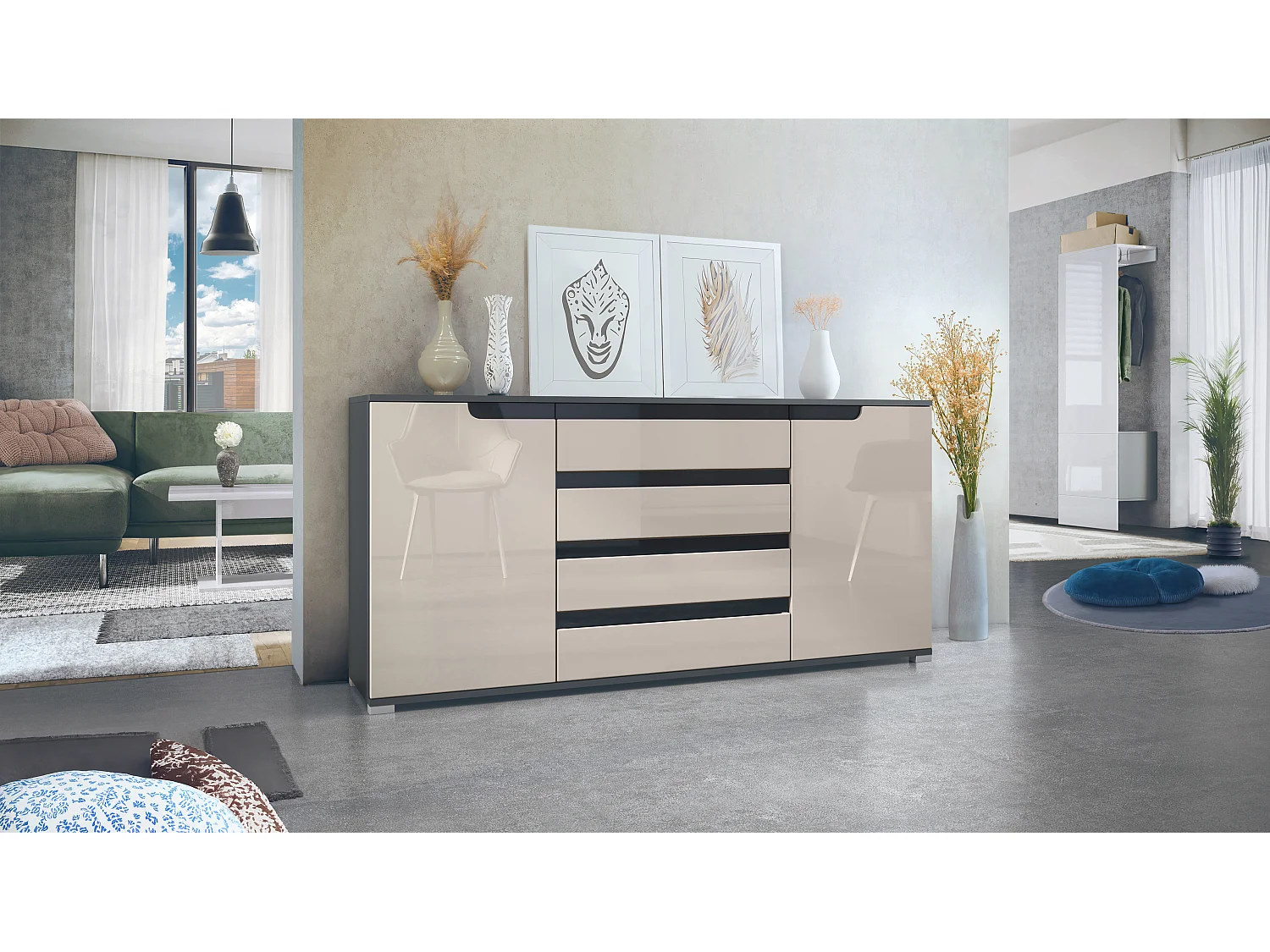 Credenza Sylt V2, Comò con 2 Ante e 4 Cassetti, Struttura - antracite opaco  / Frontale - grigio sabbia lucido / Dettagli - nero lucido (166,5 x 75,5 x 35 cm)