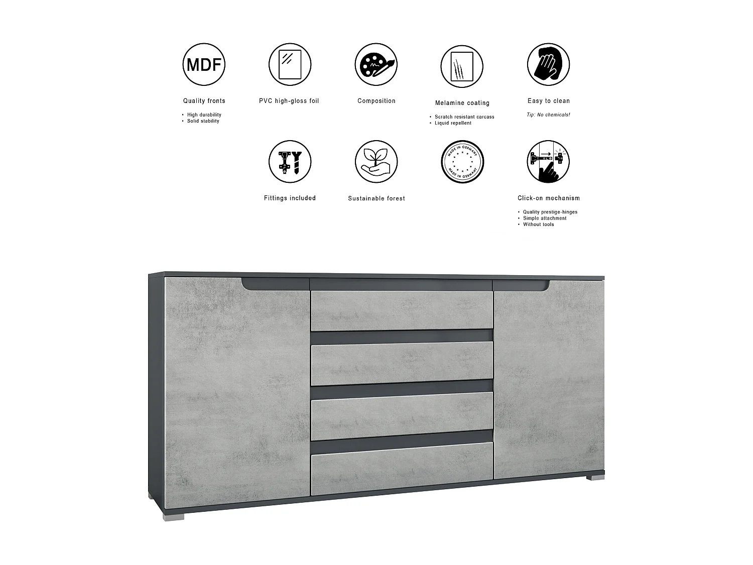 Credenza Sylt V2, Comò con 2 Ante e 4 Cassetti, Struttura - antracite opaco  / Frontale - grigio sabbia lucido / Dettagli - nero lucido (166,5 x 75,5 x 35 cm)