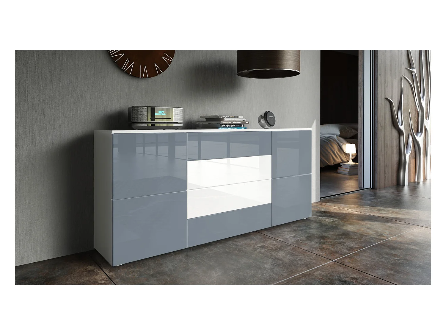 Buffet Rova, Commode avec 4 portes et 4 tiroirs, Blanc mat/Gris haute brillance (166 x 72 x 35 cm)