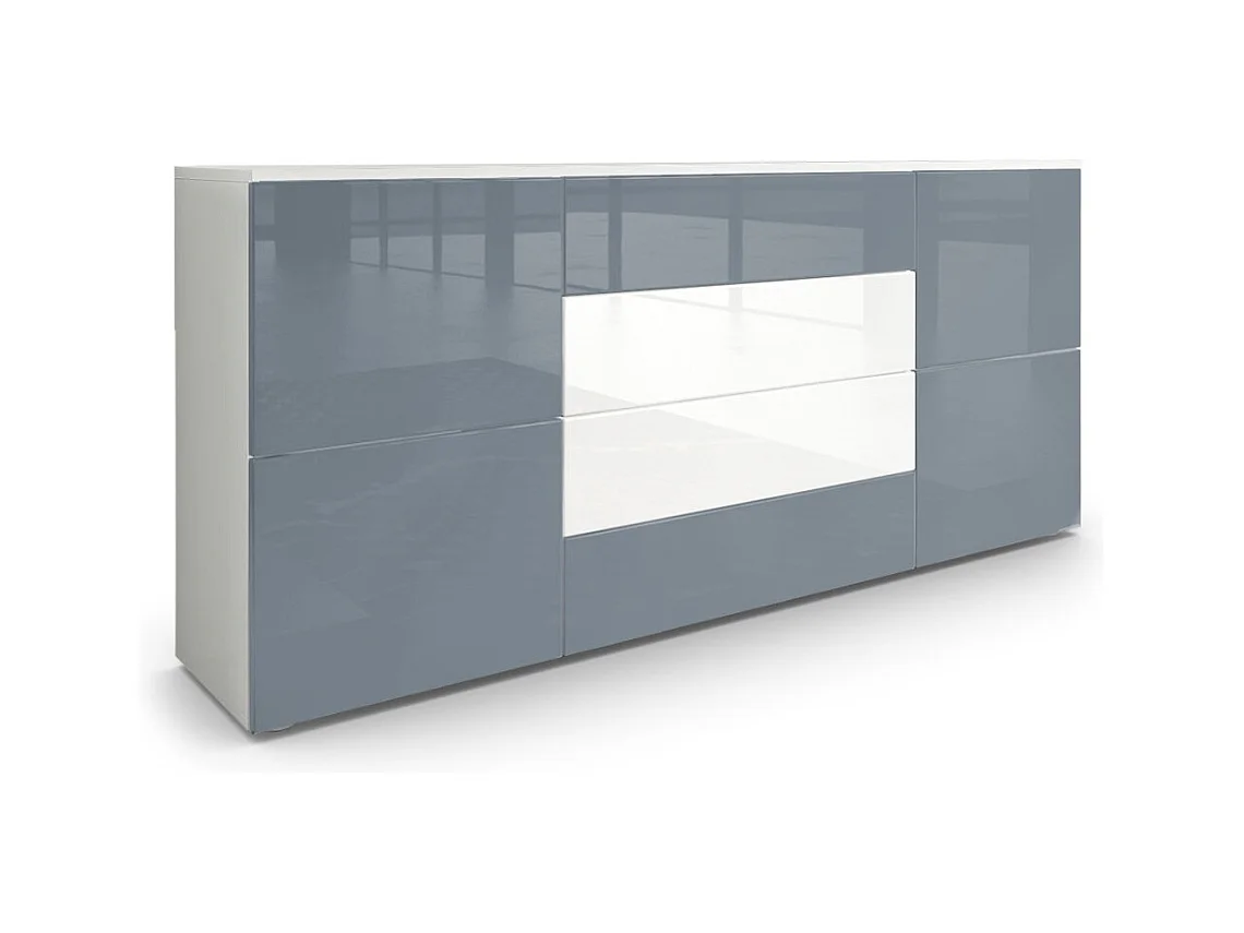 Buffet Rova, Commode avec 4 portes et 4 tiroirs, Blanc mat/Gris haute brillance (166 x 72 x 35 cm)