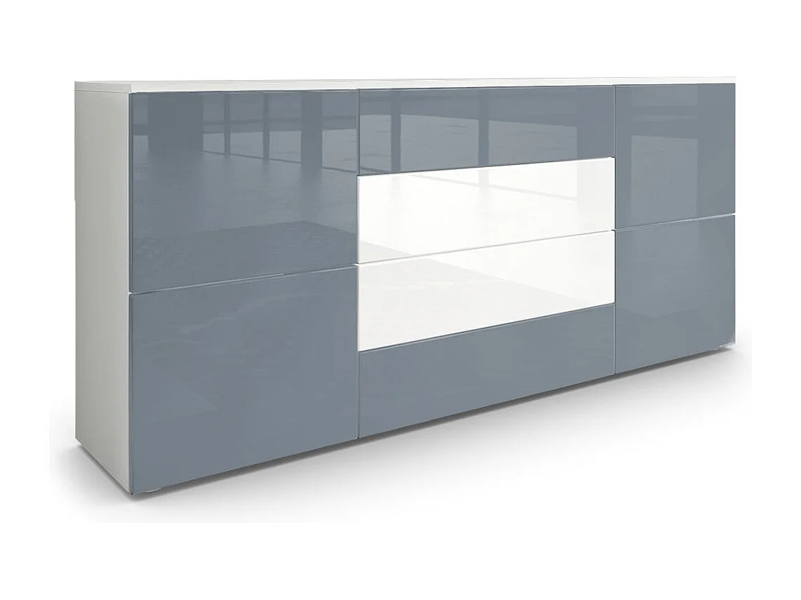 Madia  Rova, mobile con 4 ante e 4 cassetti, bianco opaco/grigio lucido/bianco lucido (166 x 72 x 35 cm)