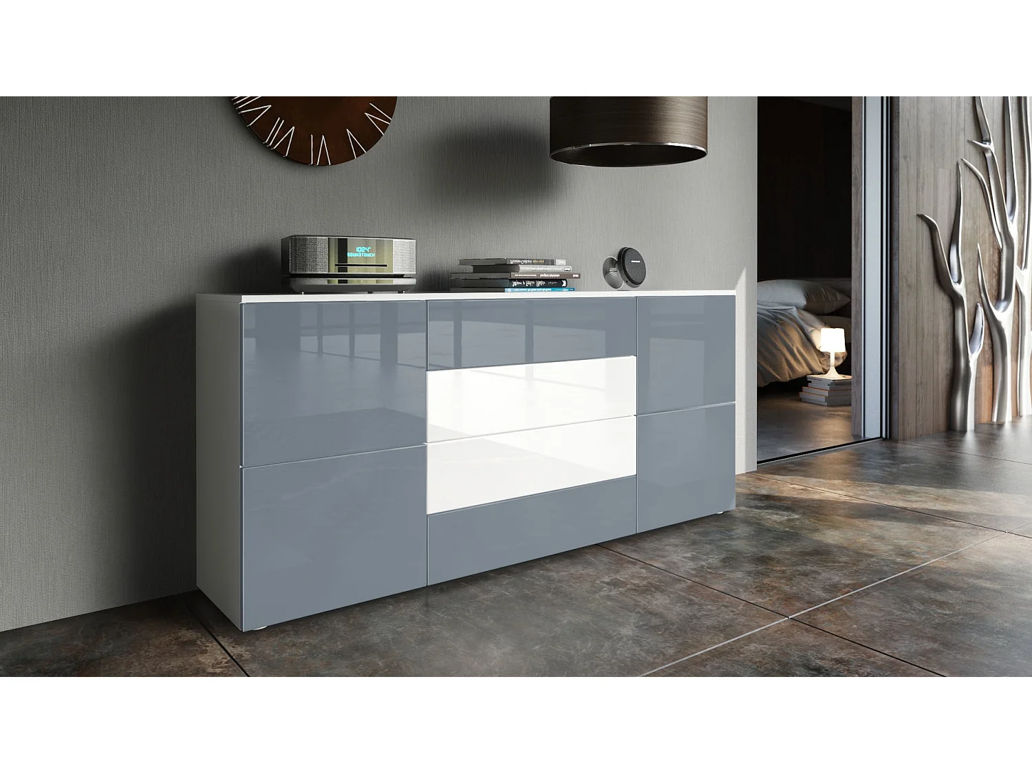 Madia  Rova, mobile con 4 ante e 4 cassetti, bianco opaco/grigio lucido/bianco lucido (166 x 72 x 35 cm)