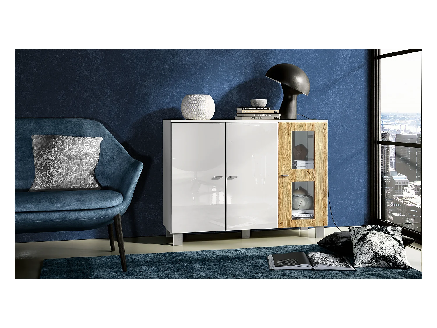 Buffet Denjo, Commode avec 3 portes, Blanc mat/Blanc haute brillance/Chêne Nature (107 x 81 x 35 cm)