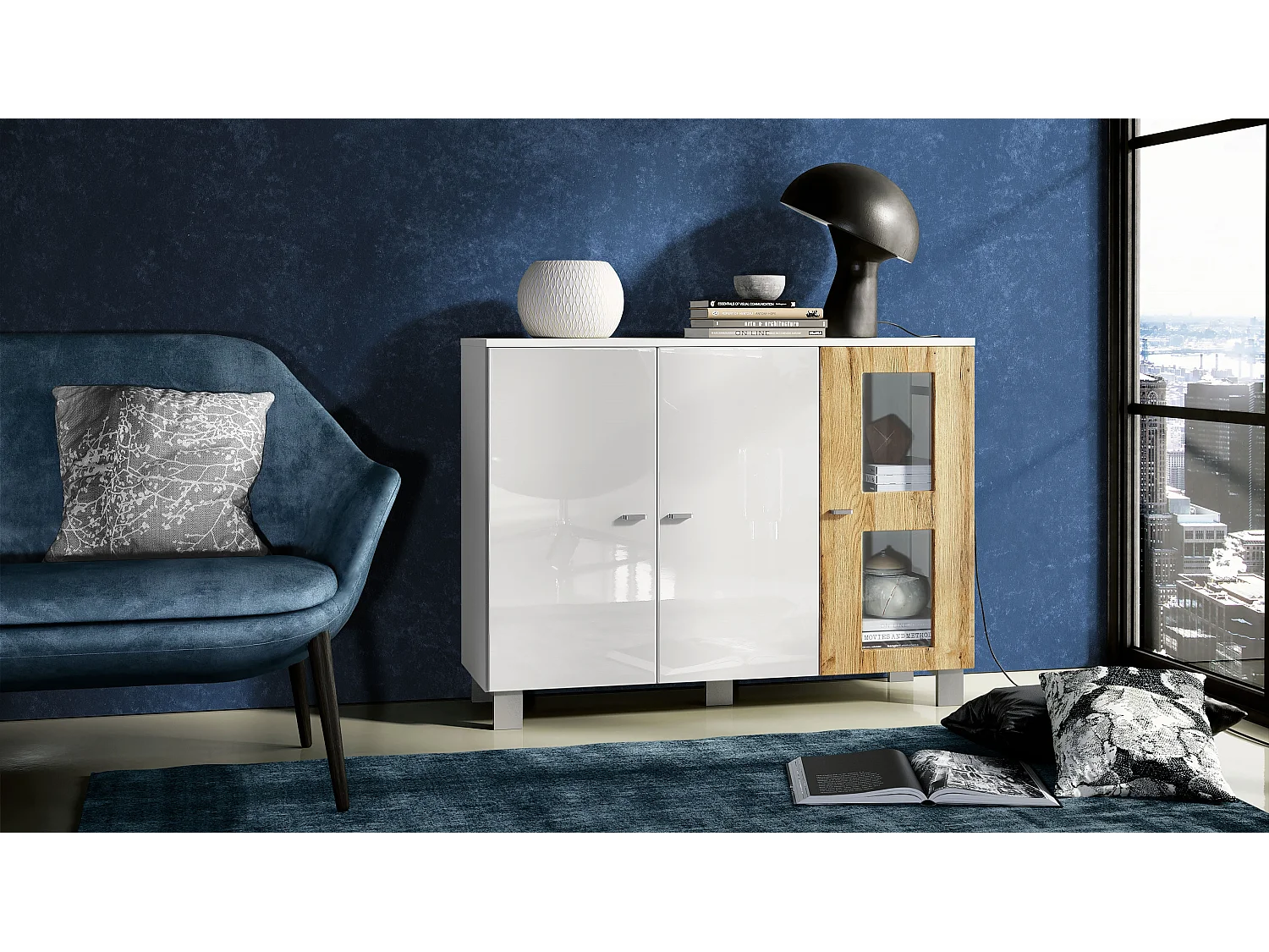 Buffet Denjo, Commode avec 3 portes, Blanc mat/Blanc haute brillance/Chêne Nature (107 x 81 x 35 cm)