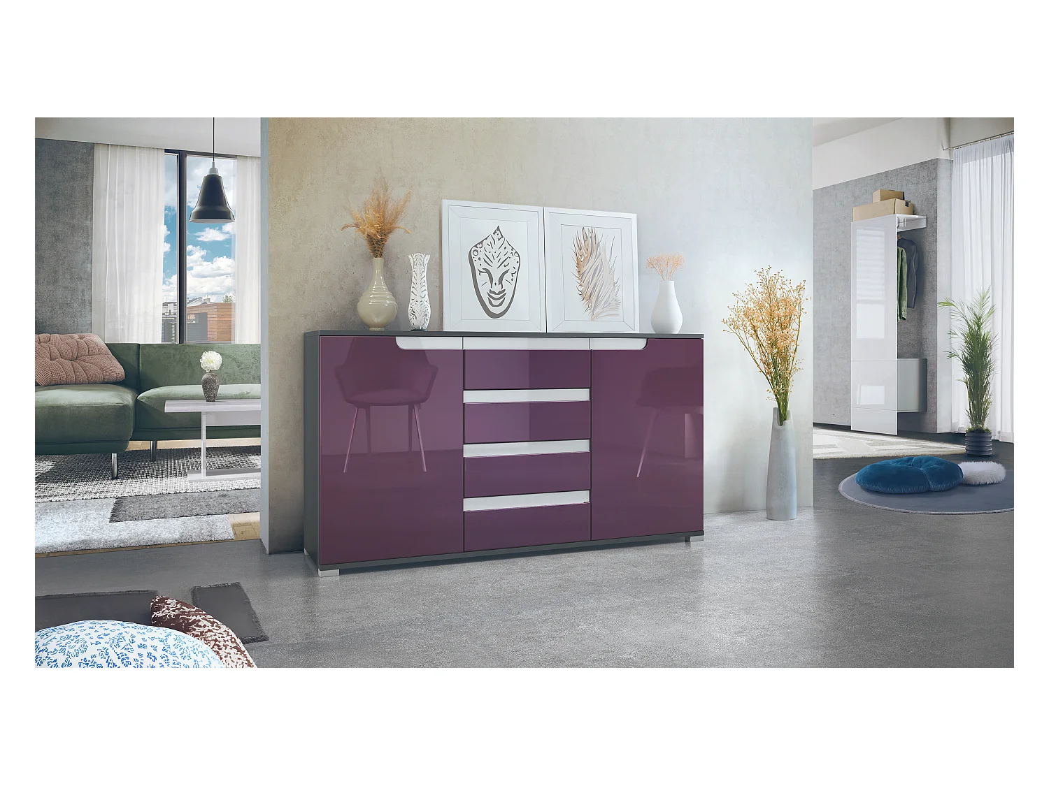 Buffet Dressoir Sylt, Corps en Noir mat / Façades en mûre haute brillance avec un decor en blanc haute brillance (139 x 72 x 35)