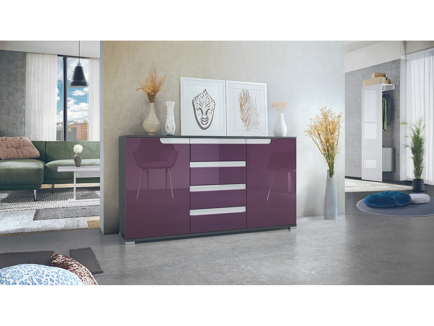 SIDEBOARD Sylt Brombeer Hochglanz / Weiß Hochglanz