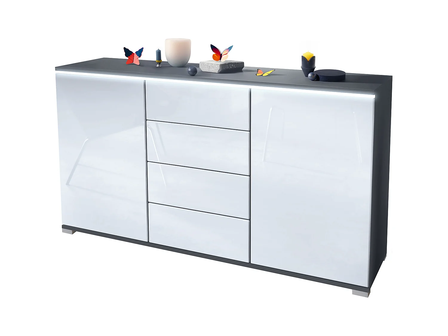 Buffet Faro V1 – Meuble avec 2 Portes & 4 Tiroirs, Armoire avec Bande LED Lumineuse, anthracite mat / blanc haute brillance (138,5 x 75,5 x 35)