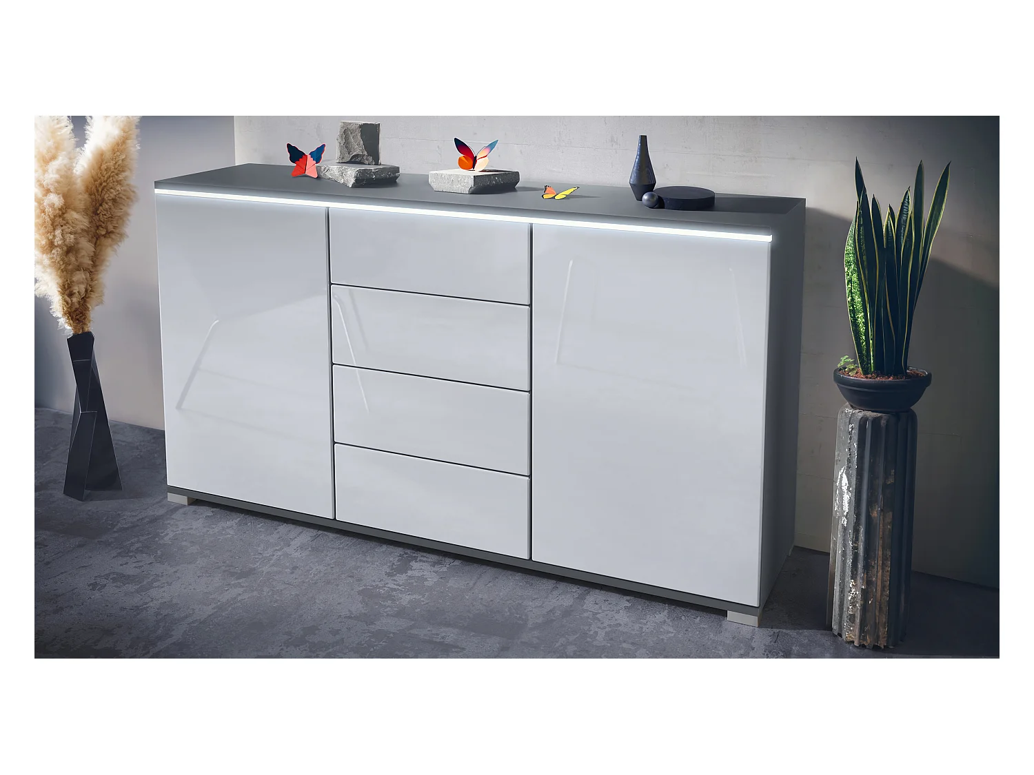 Buffet Faro V1 – Meuble avec 2 Portes & 4 Tiroirs, Armoire avec Bande LED Lumineuse, anthracite mat / blanc haute brillance (138,5 x 75,5 x 35)