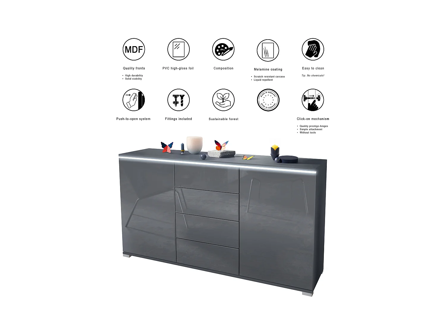 Buffet Faro V1 – Meuble avec 2 Portes & 4 Tiroirs, Armoire avec Bande LED Lumineuse, anthracite mat / blanc haute brillance (138,5 x 75,5 x 35)