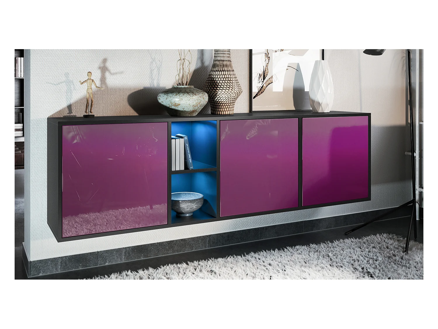 Commode Cuba - noir mat/mûre haute brillance - Buffet moderne pour votre salon - (LxHxP) 182x53x35 cm