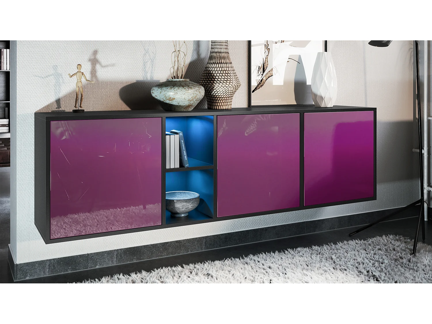 Vladon Cassettiera Cuba - nero opaco/violetto porpora lucido - Credenza moderna per la zona giorno - (LxAxP) 182x53x35 cm