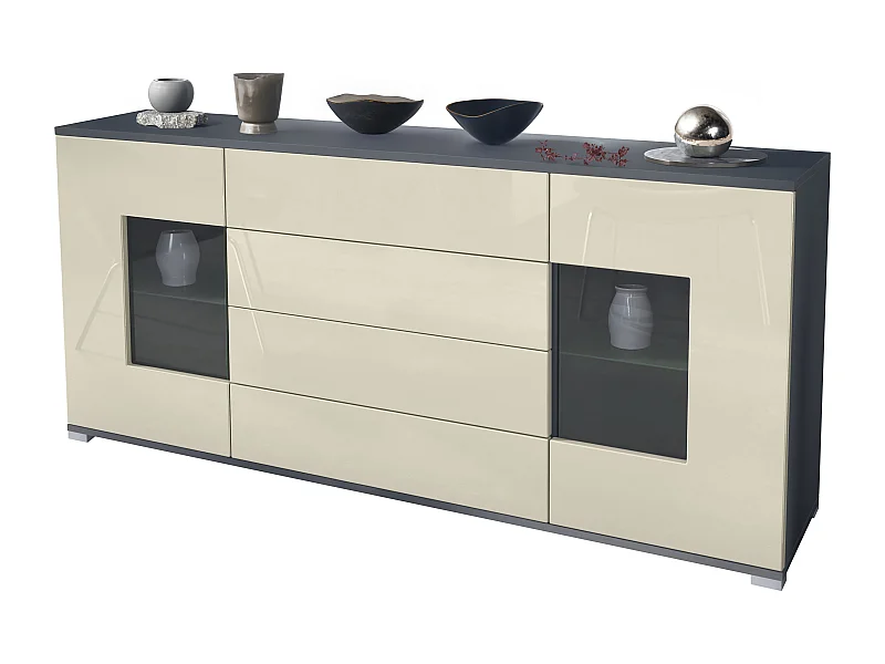 Buffet Grömitz V2 – Meuble avec 2 Grandes Portes et 4 Tiroirs, anthracite mat/crème haute brillance (166,5 x 75,5 x 35)