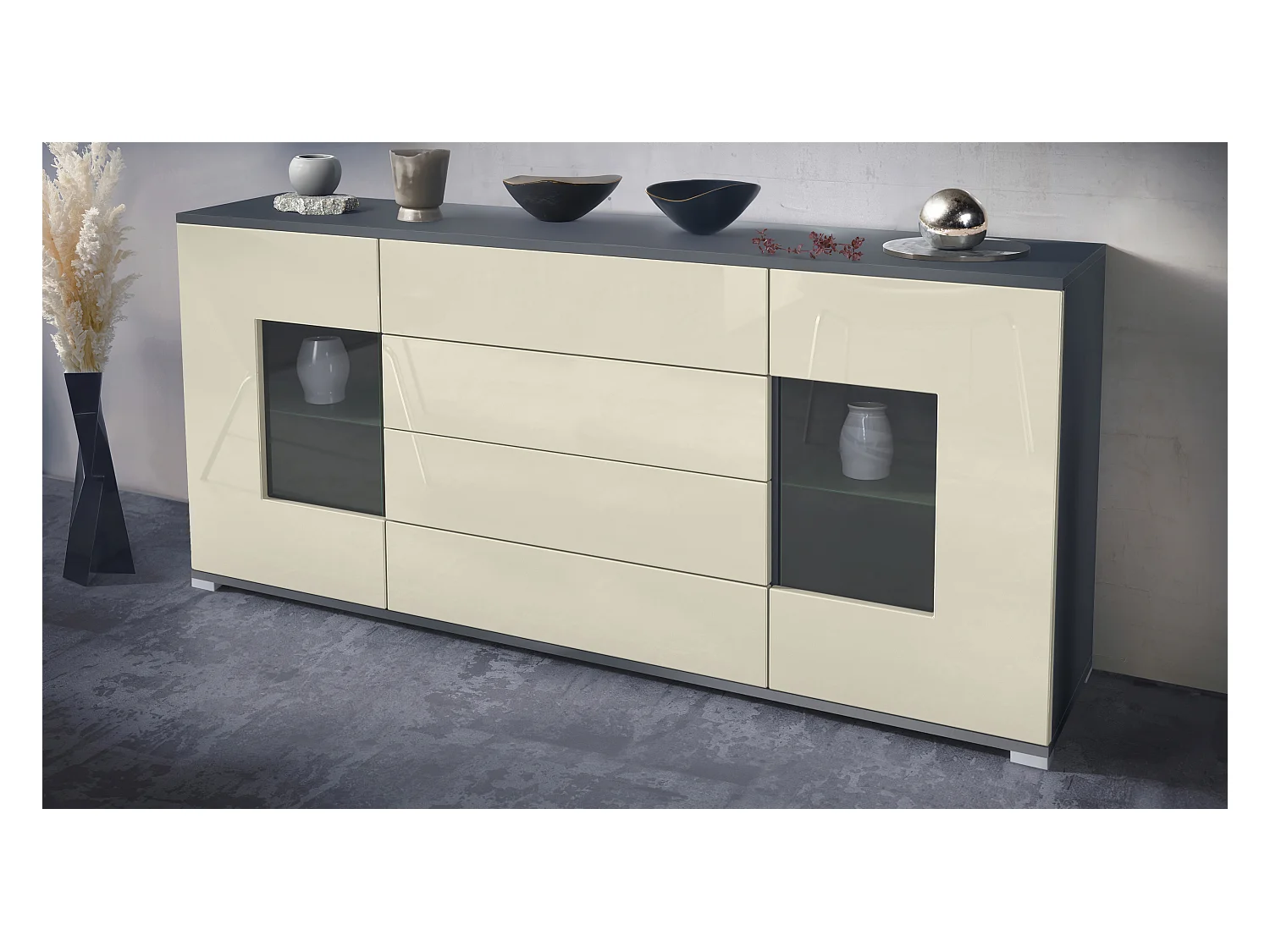 Buffet Grömitz V2 – Meuble avec 2 Grandes Portes et 4 Tiroirs, anthracite mat/crème haute brillance (166,5 x 75,5 x 35)