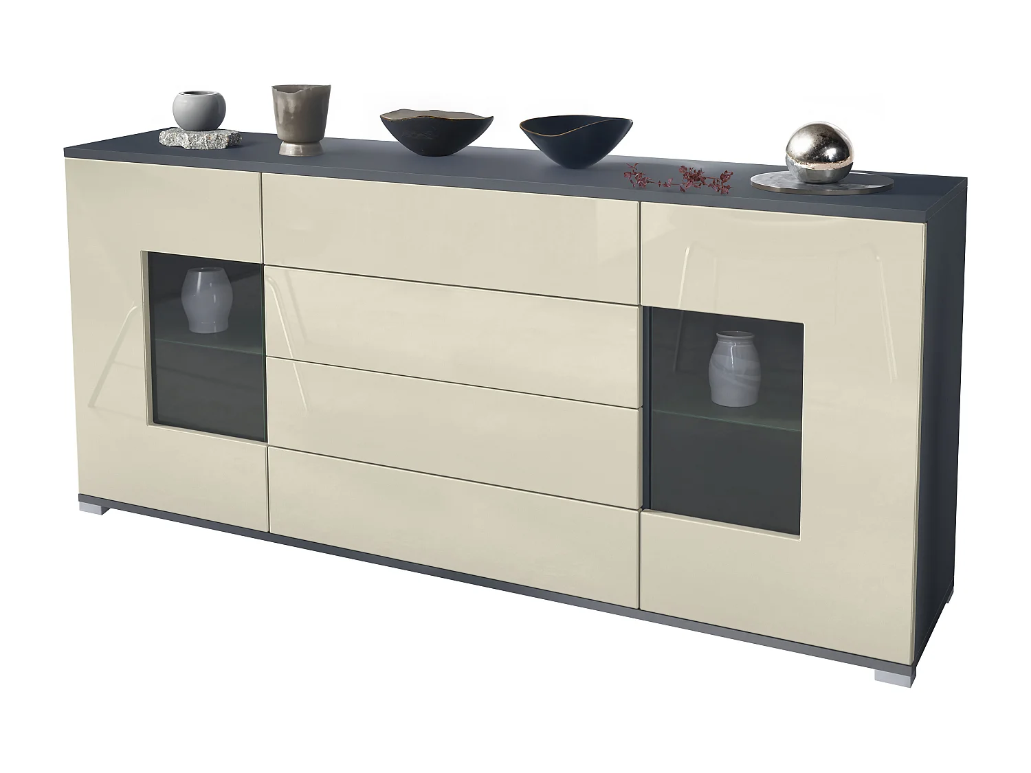 Buffet Grömitz V2 – Meuble avec 2 Grandes Portes et 4 Tiroirs, anthracite mat/crème haute brillance (166,5 x 75,5 x 35)
