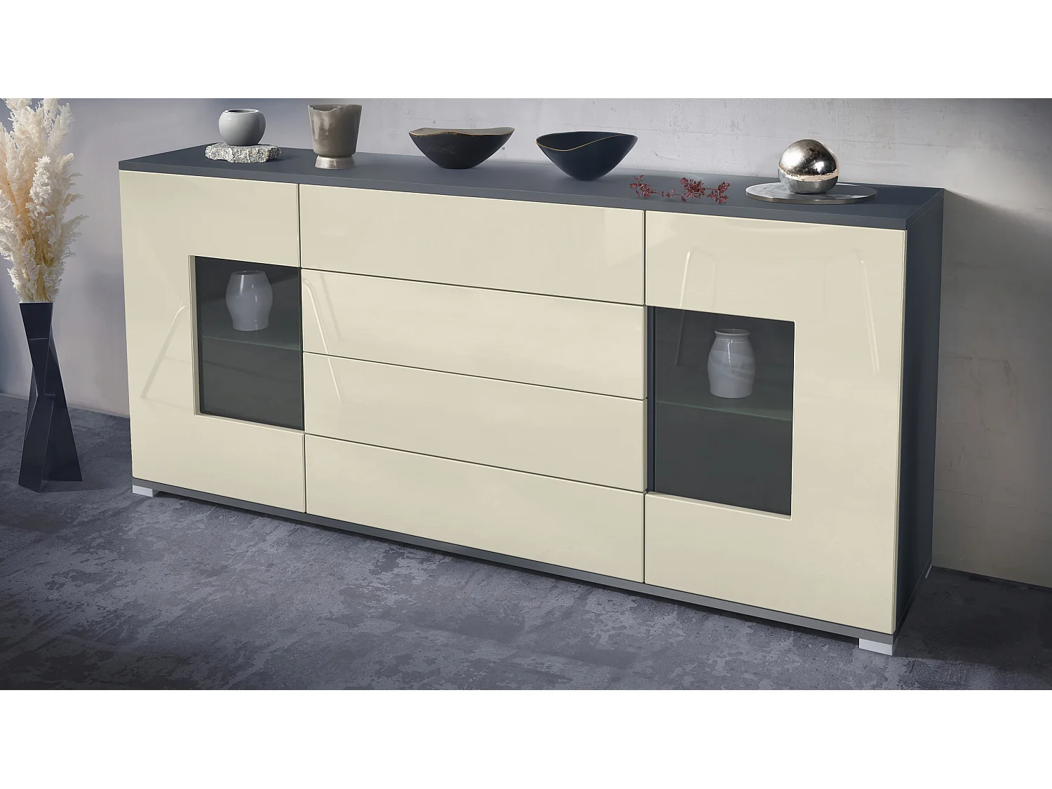 Buffet Grömitz V2 – Meuble avec 2 Grandes Portes et 4 Tiroirs, anthracite mat/crème haute brillance (166,5 x 75,5 x 35)
