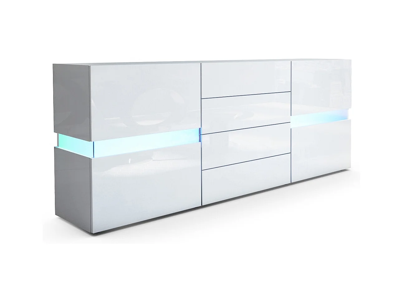 Aparador Vladon Flow, blanco de alto brillo/blanco de alto brillo con LED - Cómoda moderna con acristalamiento Ambient Light para su salón (177 x 75 x 39 cm)