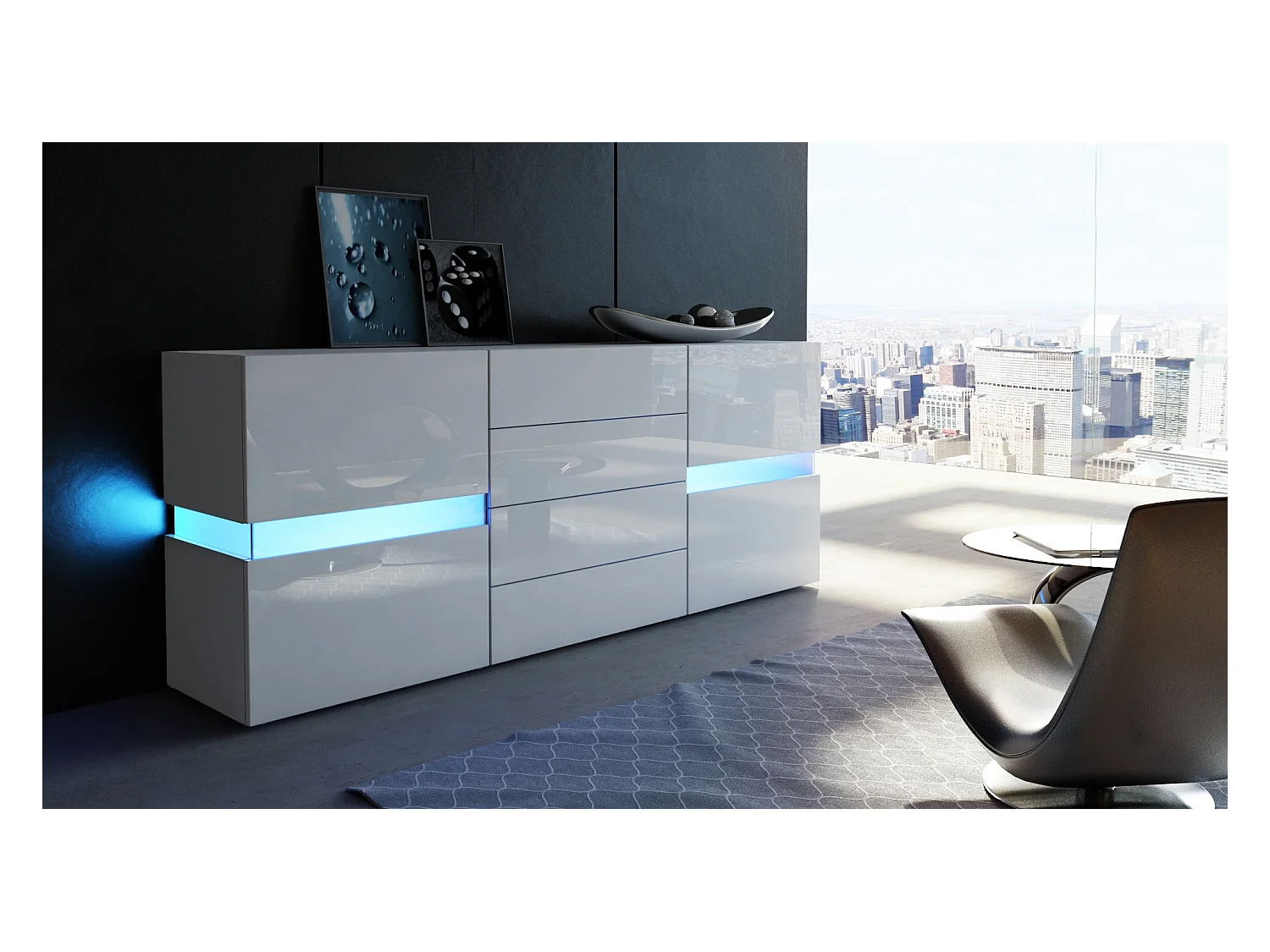 Aparador Vladon Flow, blanco de alto brillo/blanco de alto brillo con LED - Cómoda moderna con acristalamiento Ambient Light para su salón (177 x 75 x 39 cm)