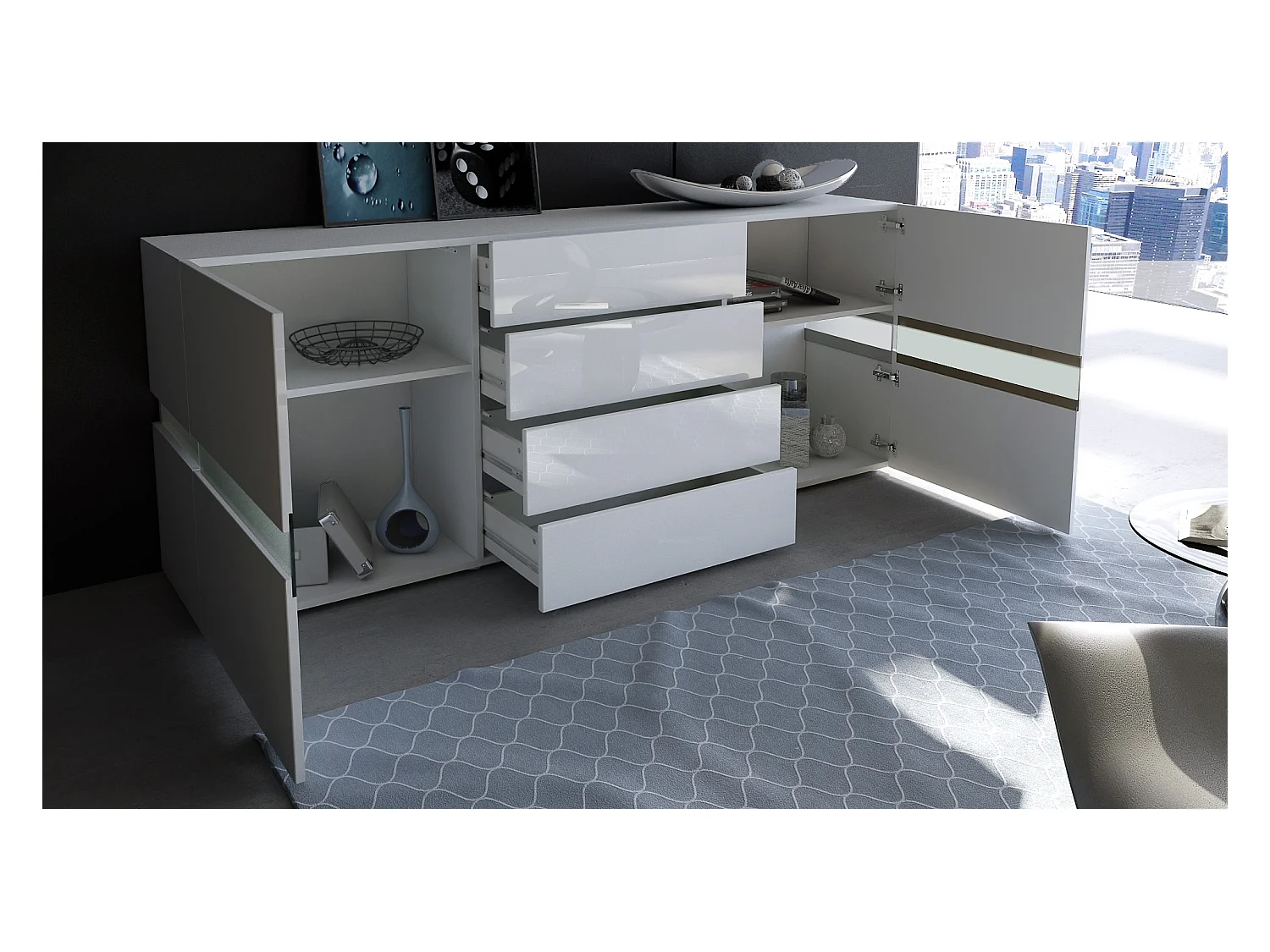 Aparador Vladon Flow, blanco de alto brillo/blanco de alto brillo con LED - Cómoda moderna con acristalamiento Ambient Light para su salón (177 x 75 x 39 cm)