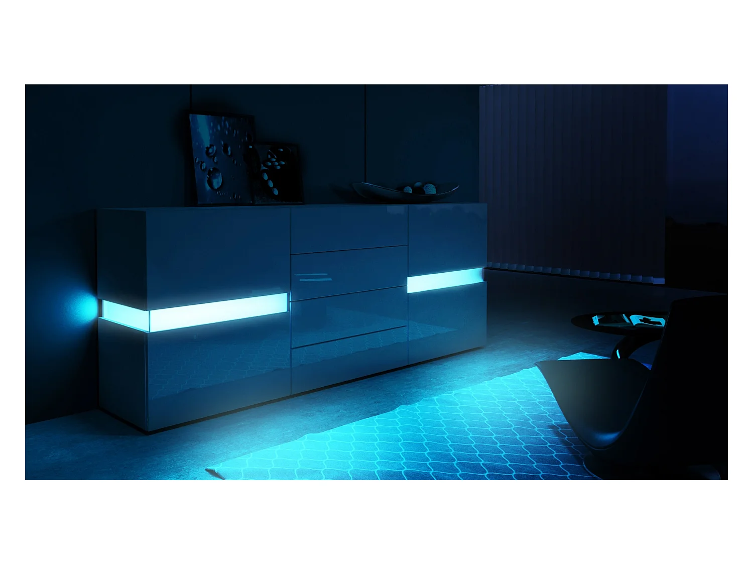 Aparador Vladon Flow, blanco de alto brillo/blanco de alto brillo con LED - Cómoda moderna con acristalamiento Ambient Light para su salón (177 x 75 x 39 cm)