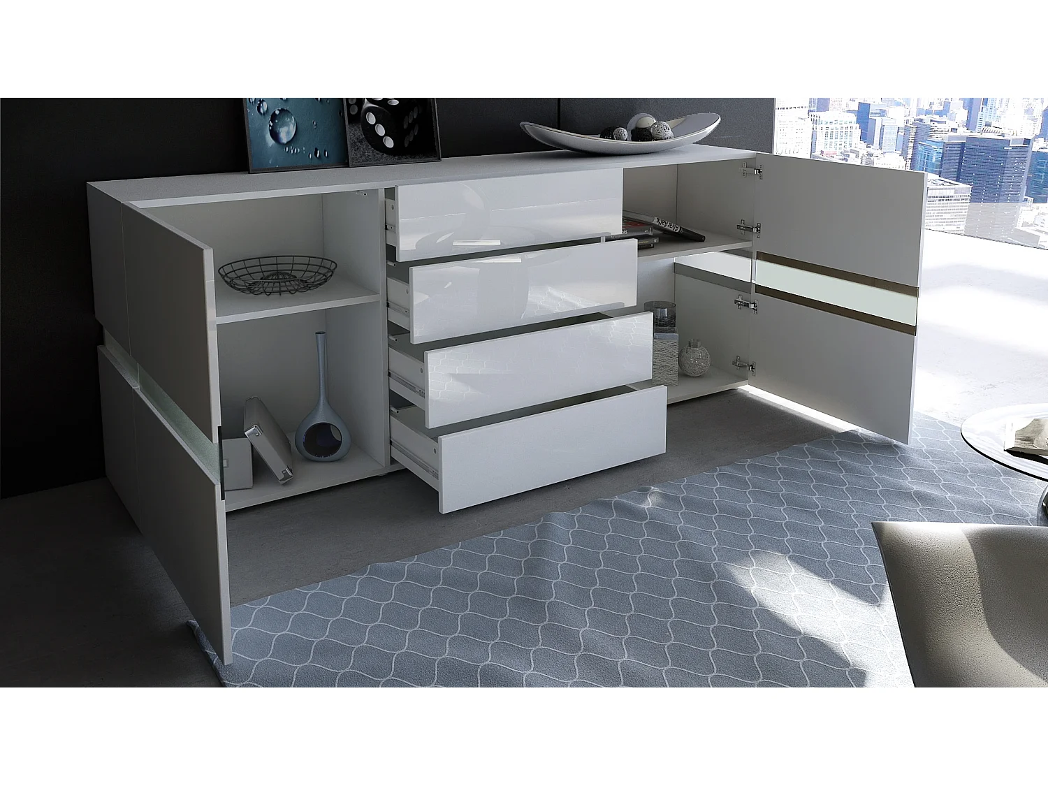 Vladon Sideboard Flow, bianco lucido/bianco lucido incl. LED - Cassettiera moderna con vetrata Ambient Light per la vostra zona giorno (177 x 75 x 39 cm)